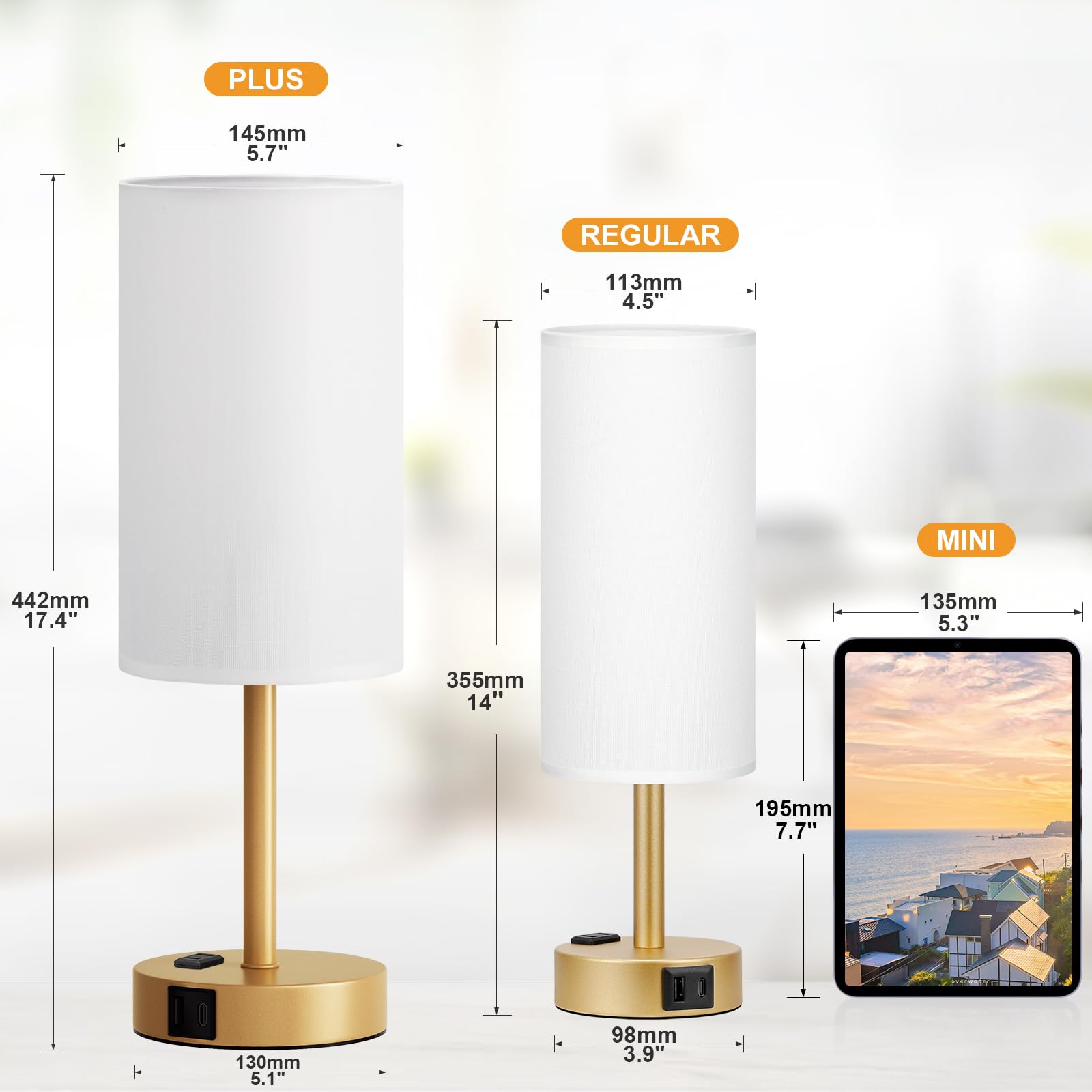 Touch-Control Bedside Table Lamp with USB & USB-C Charging (14”)