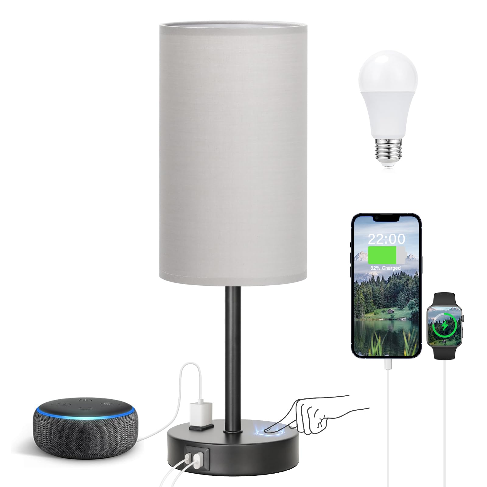 Touch-Control Bedside Table Lamp with USB & USB-C Charging (14”)