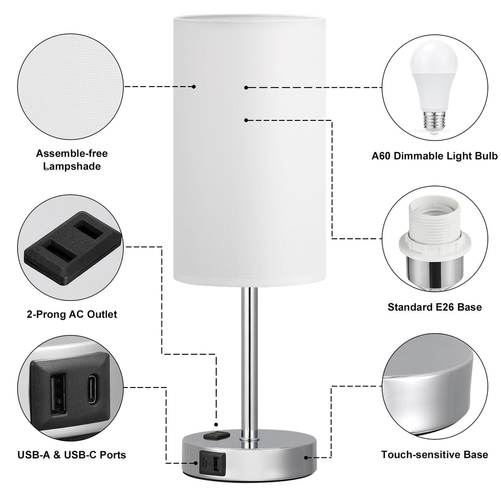 Touch-Control Bedside Table Lamp with USB & USB-C Charging (14”)