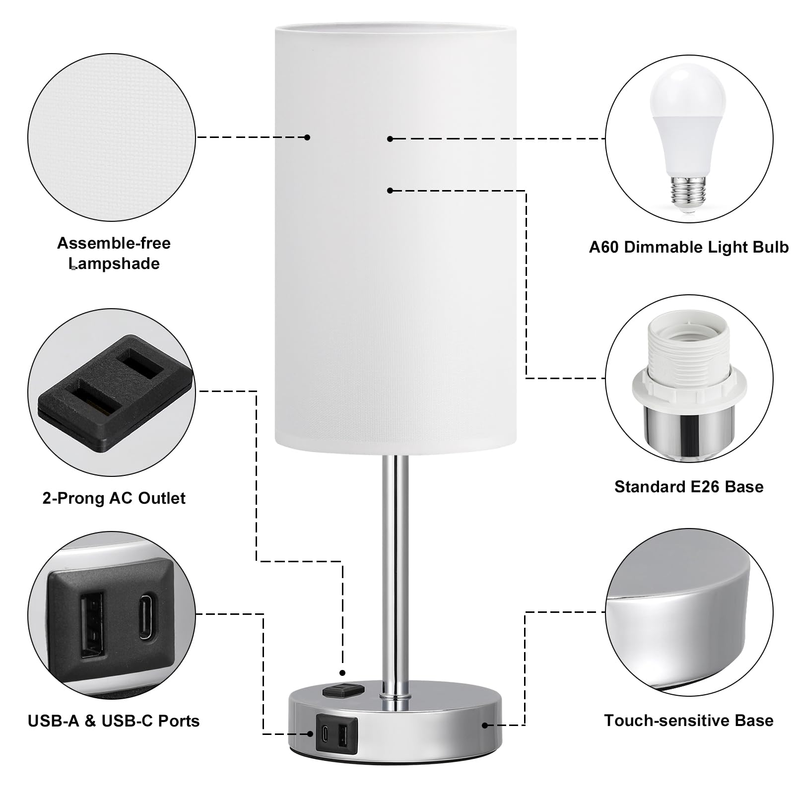 Touch-Control Bedside Table Lamp with USB & USB-C Charging (14”)