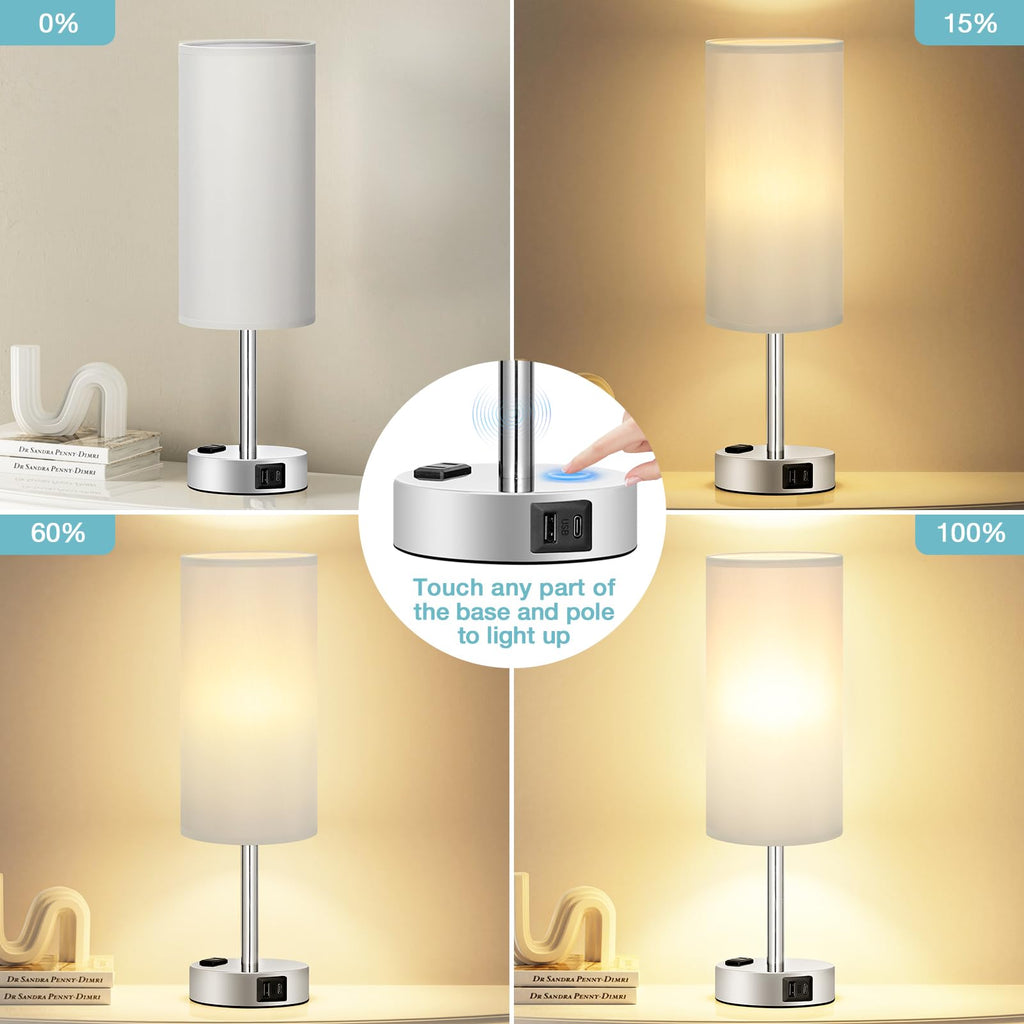 Touch-Control Bedside Table Lamp with USB & USB-C Charging (14”)