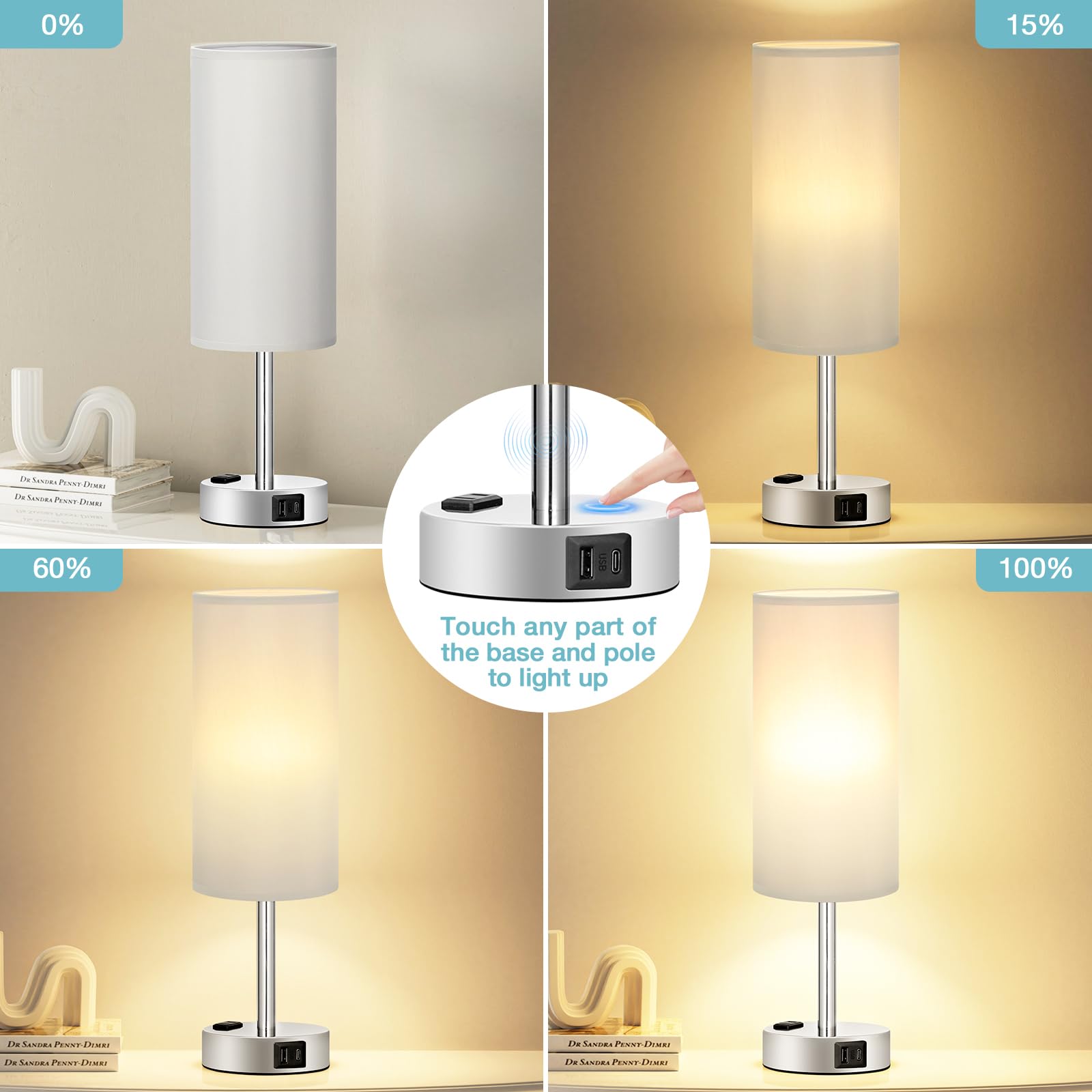 Touch-Control Bedside Table Lamp with USB & USB-C Charging (14”)