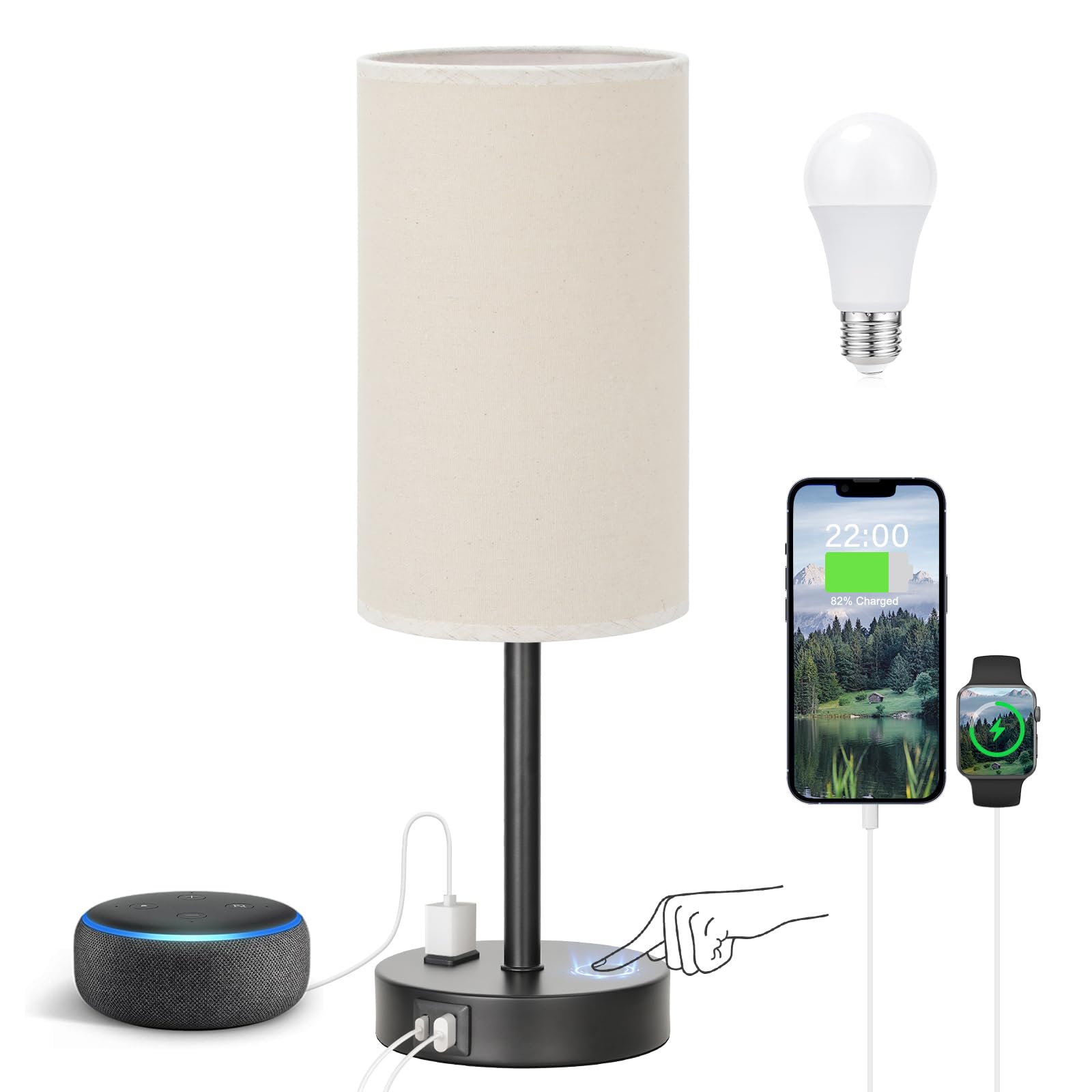 Touch-Control Bedside Table Lamp with USB & USB-C Charging (14”)