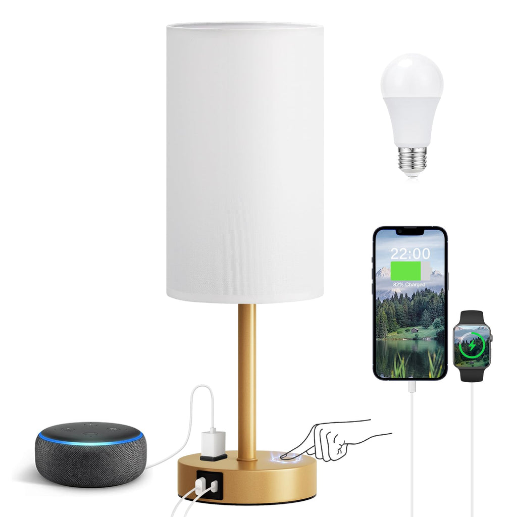 Touch-Control Bedside Table Lamp with USB & USB-C Charging (14”)