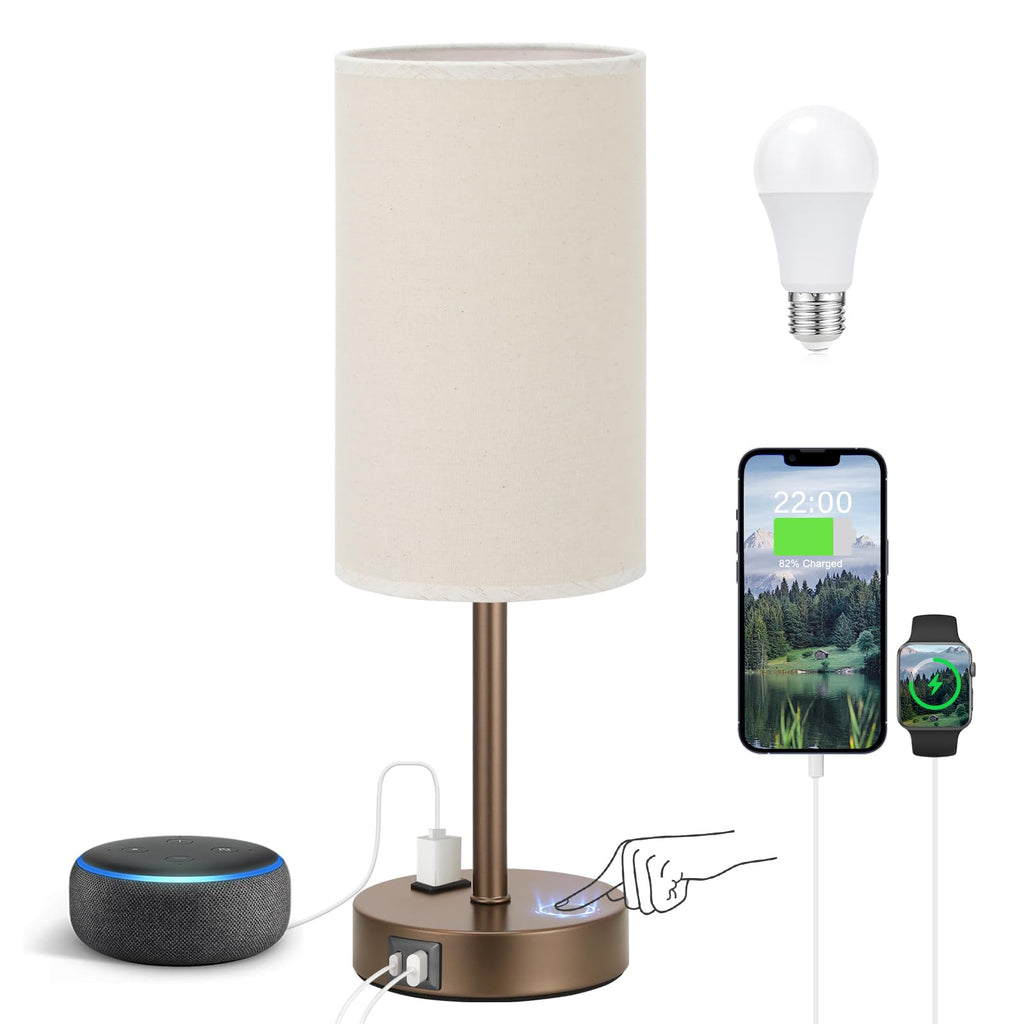 Touch-Control Bedside Table Lamp with USB & USB-C Charging (14”)