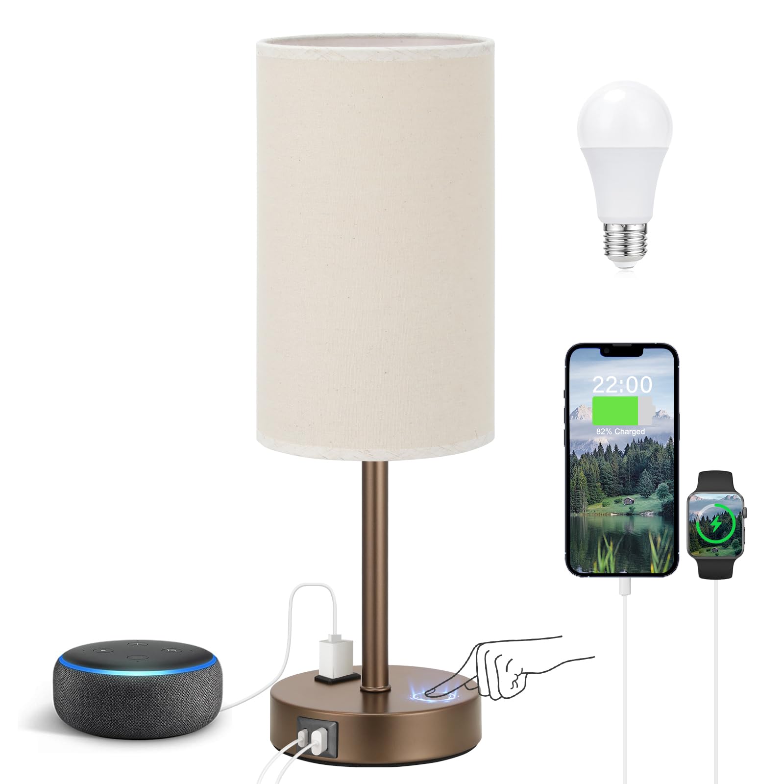 Touch-Control Bedside Table Lamp with USB & USB-C Charging (14”)