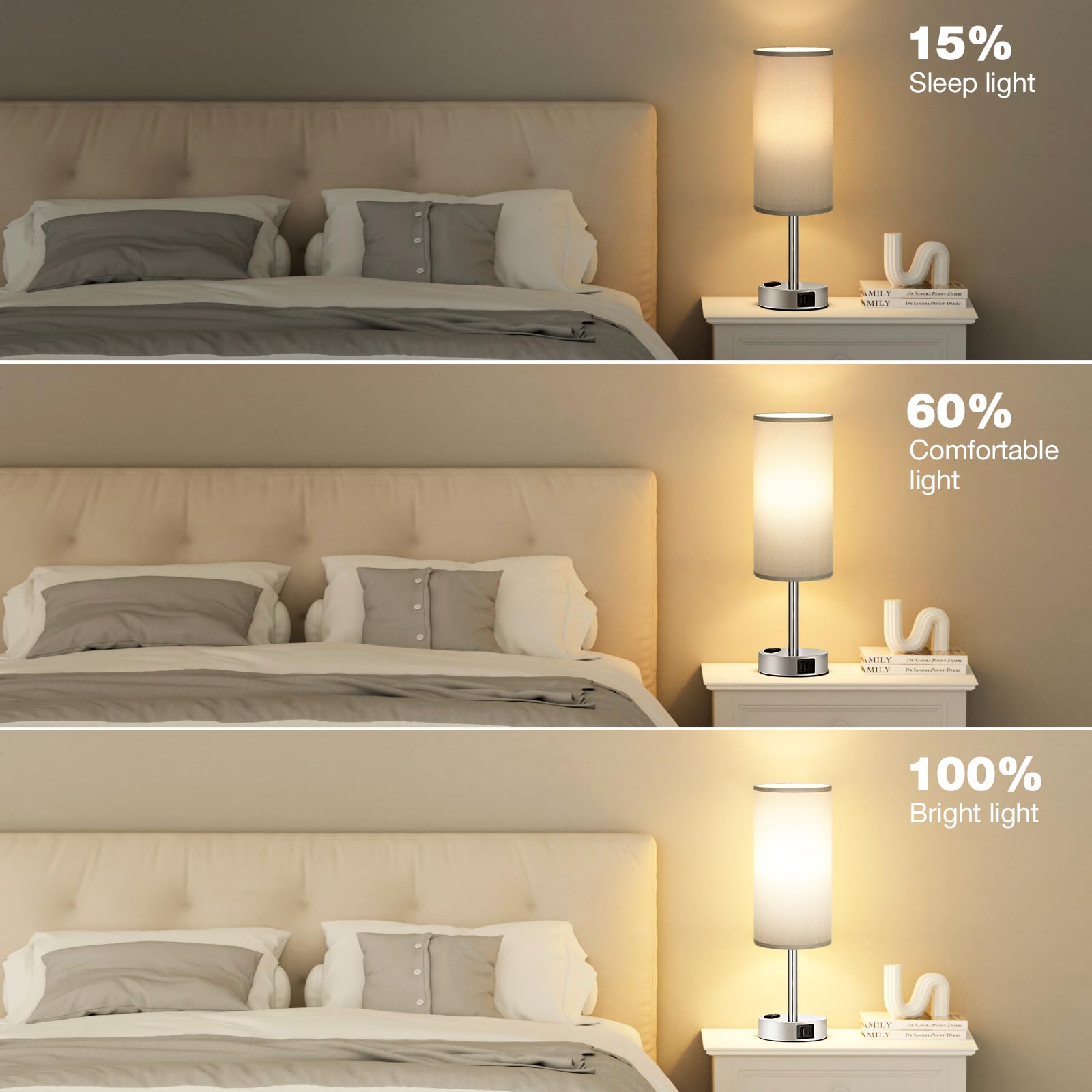 Touch-Control Bedside Table Lamp with USB & USB-C Charging (14”)