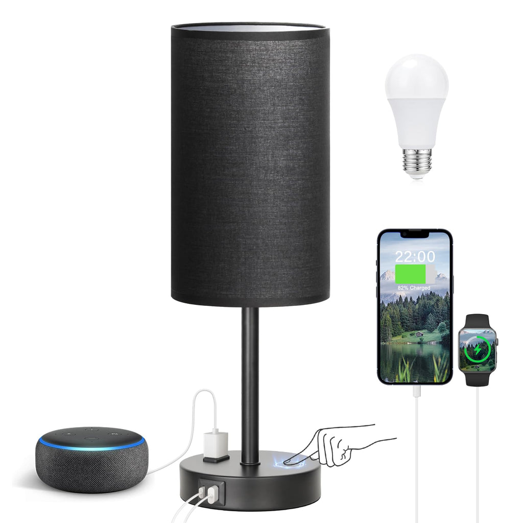 Touch-Control Bedside Table Lamp with USB & USB-C Charging (14”)