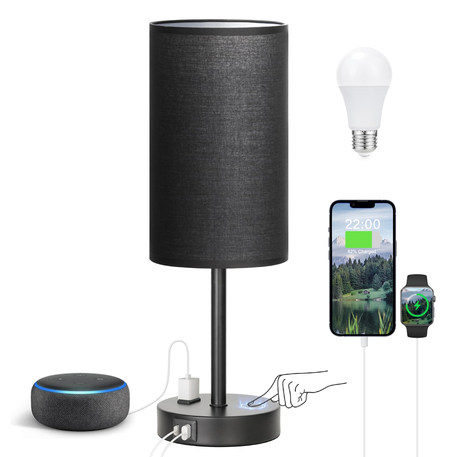 Touch-Control Bedside Table Lamp with USB & USB-C Charging (14”)