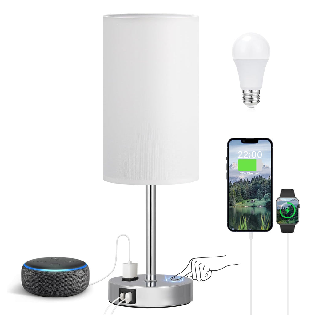 Touch-Control Bedside Table Lamp with USB & USB-C Charging (14”)
