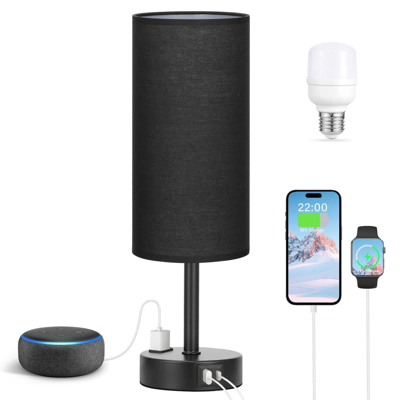 Touch-Control Bedside Table Lamp with USB & USB-C Charging (14”)