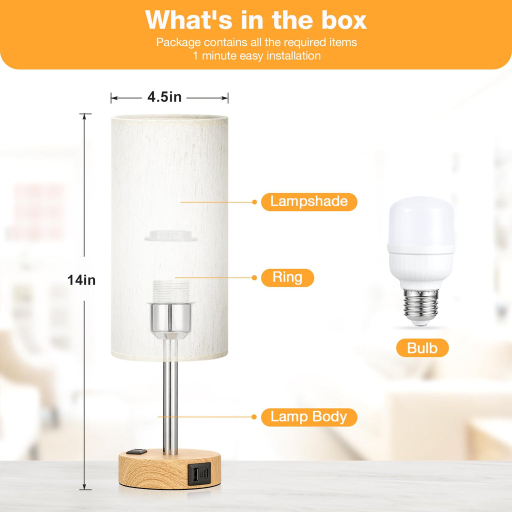 Touch-Control Bedside Table Lamp with USB & USB-C Charging (14”)