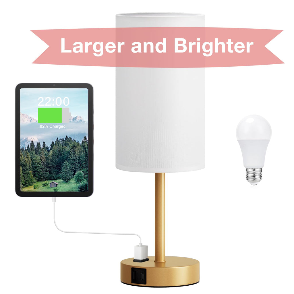 Touch-Control Bedside Table Lamp with USB & USB-C Charging (14”)