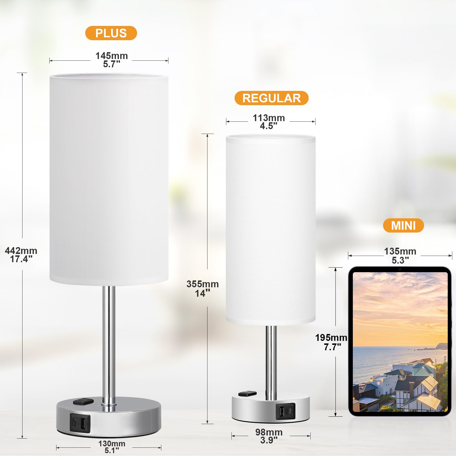 Touch-Control Bedside Table Lamp with USB & USB-C Charging (14”)