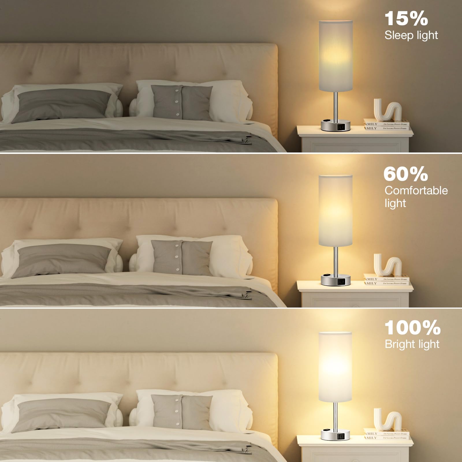 Touch-Control Bedside Table Lamp with USB & USB-C Charging (14”)