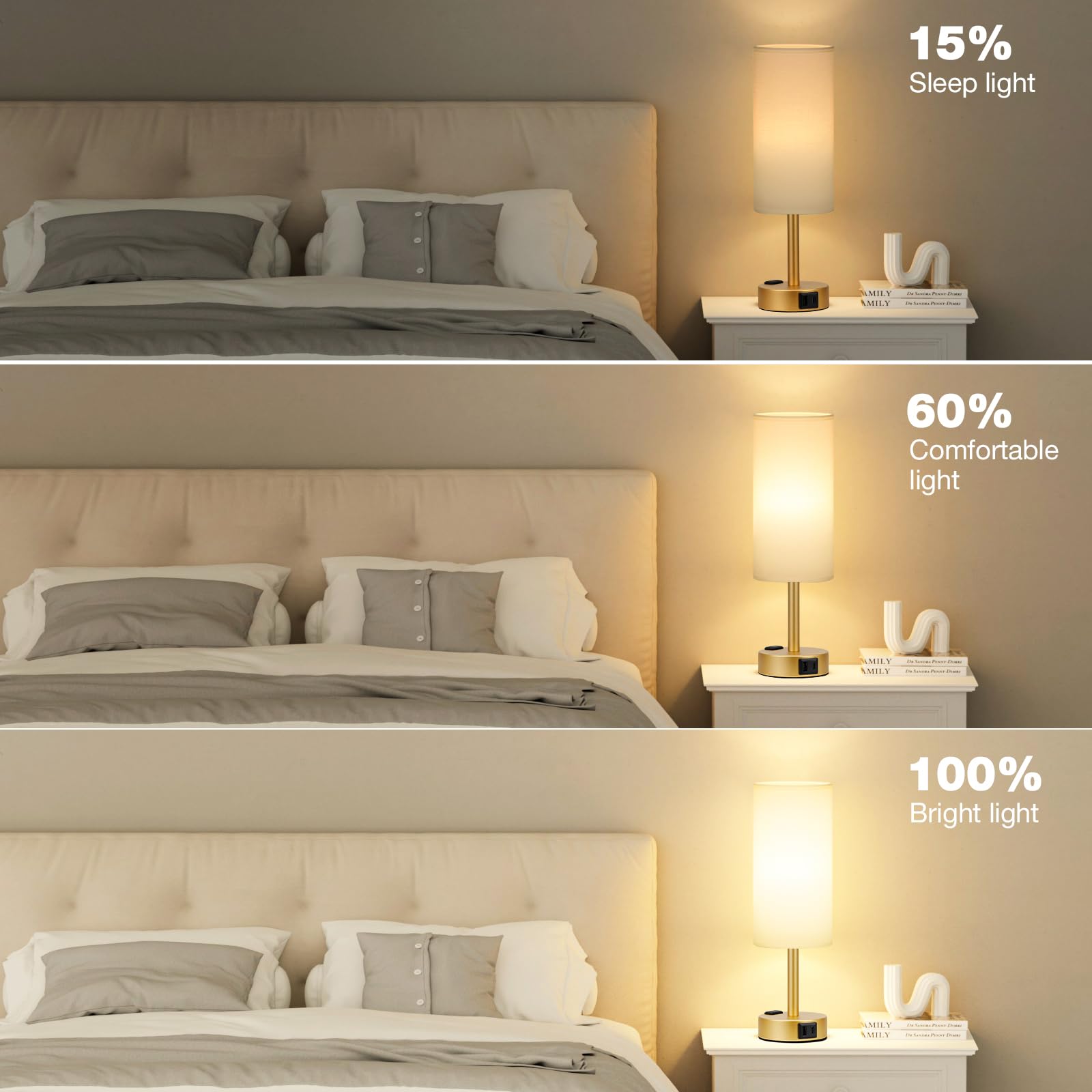 Touch-Control Bedside Table Lamp with USB & USB-C Charging (14”)