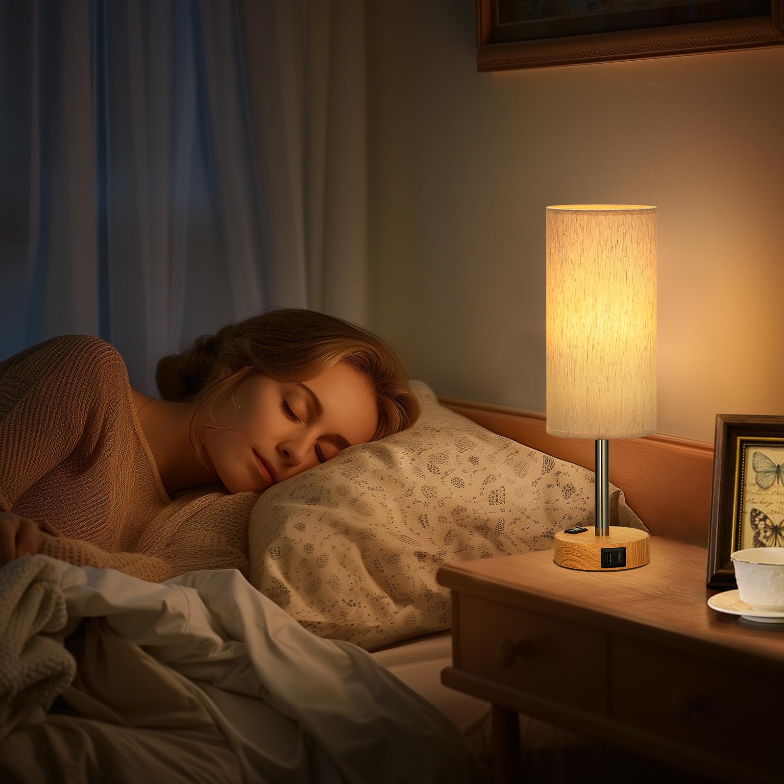 Touch-Control Bedside Table Lamp with USB & USB-C Charging (14”)