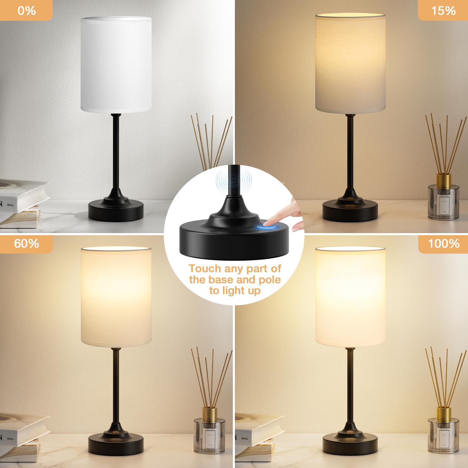 Touch-Control Bedside Table Lamp with USB & USB-C Charging (14”)