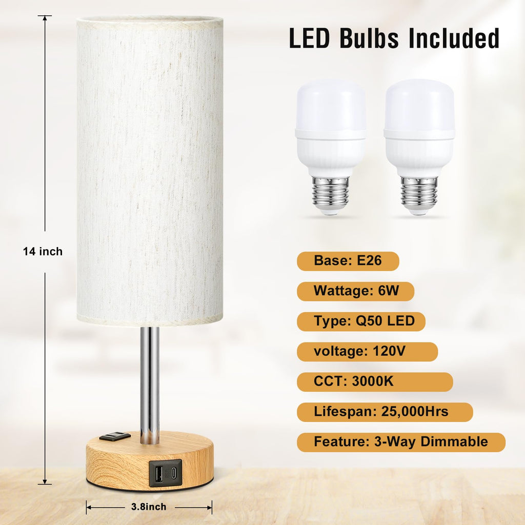 Touch-Control Bedside Table Lamp with USB & USB-C Charging (14”)