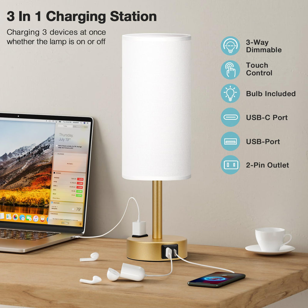 Touch-Control Bedside Table Lamp with USB & USB-C Charging (14”)