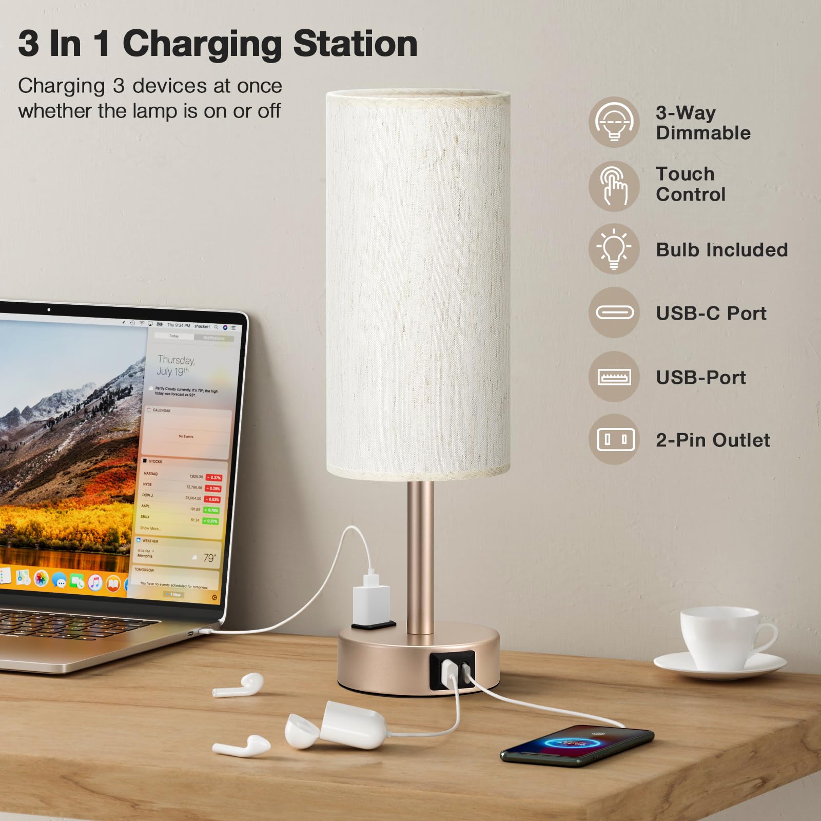 Touch-Control Bedside Table Lamp with USB & USB-C Charging (14”)