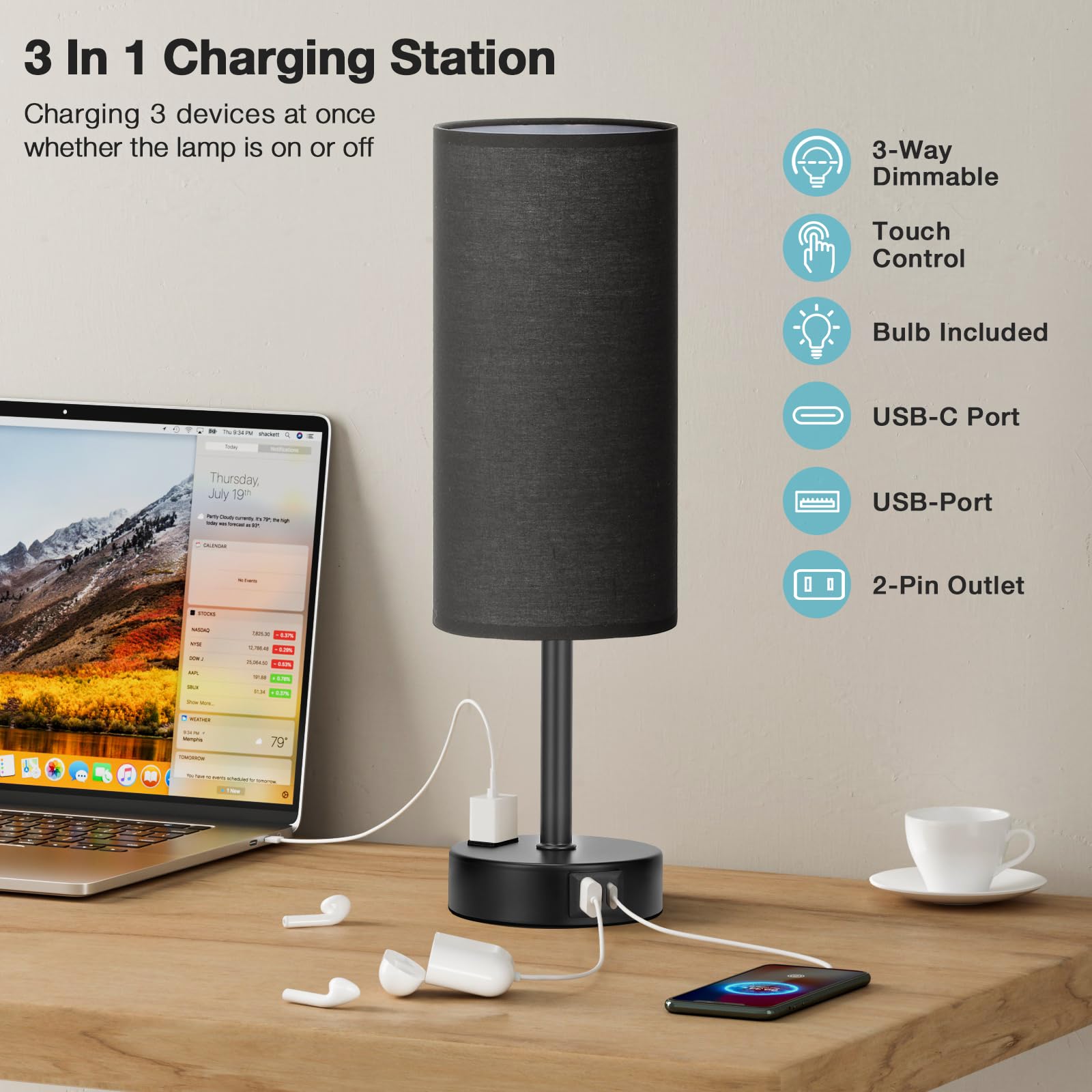 Touch-Control Bedside Table Lamp with USB & USB-C Charging (14”)