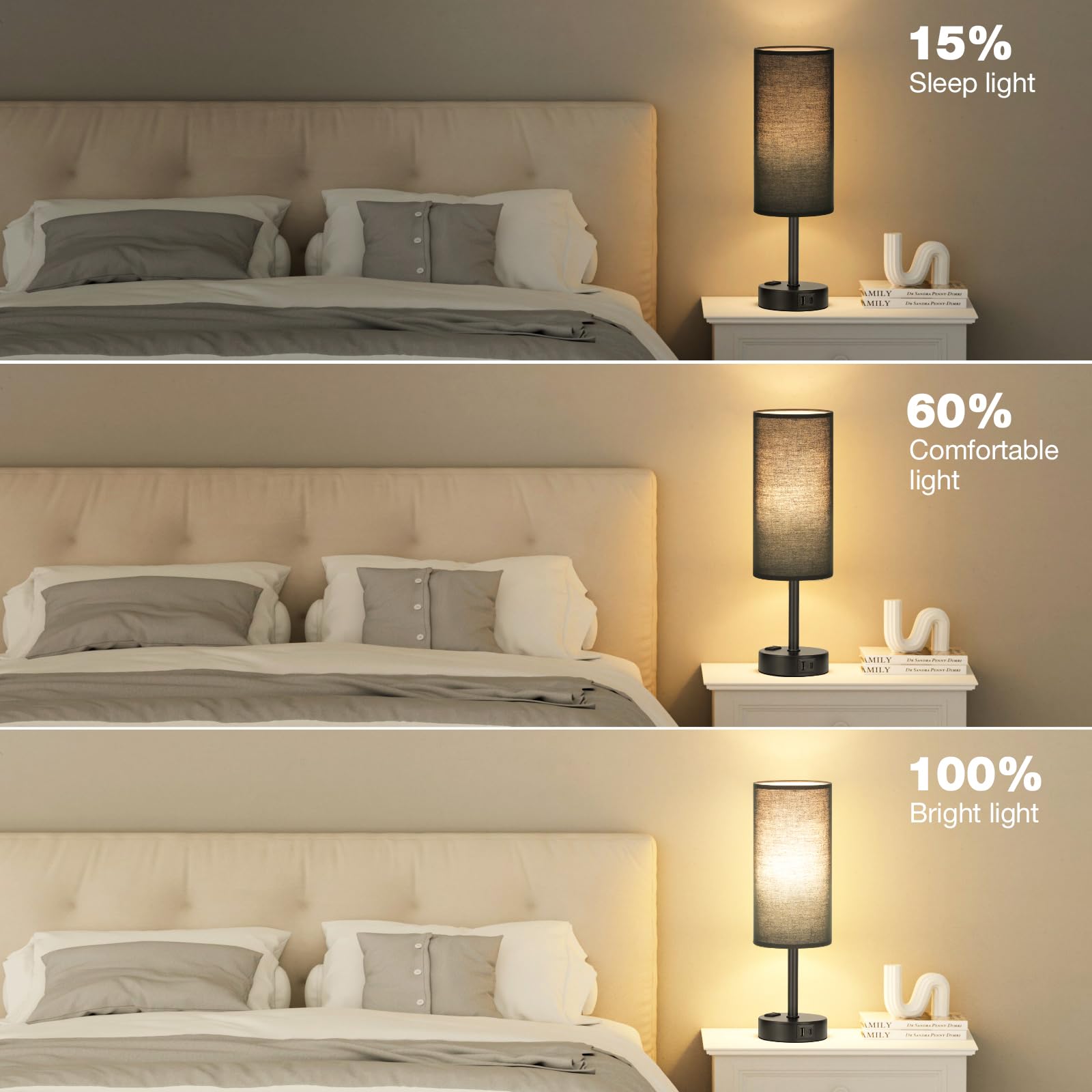 Touch-Control Bedside Table Lamp with USB & USB-C Charging (14”)