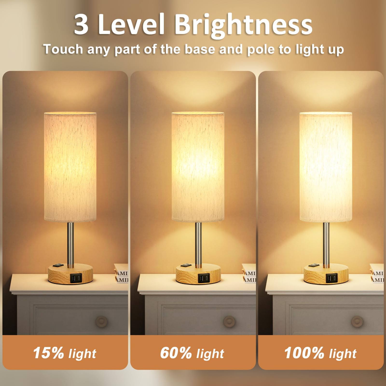 Touch-Control Bedside Table Lamp with USB & USB-C Charging (14”)
