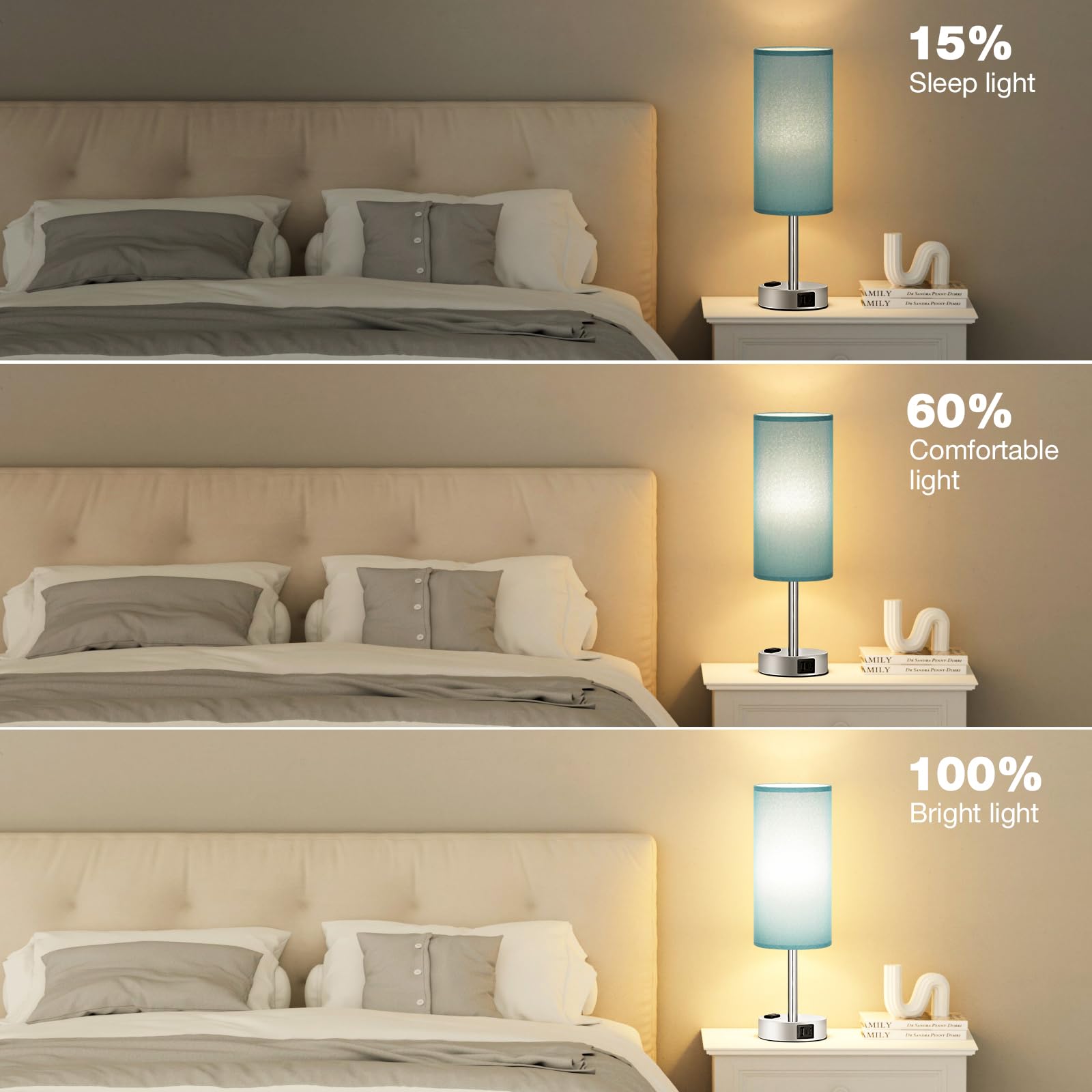 Touch-Control Bedside Table Lamp with USB & USB-C Charging (14”)