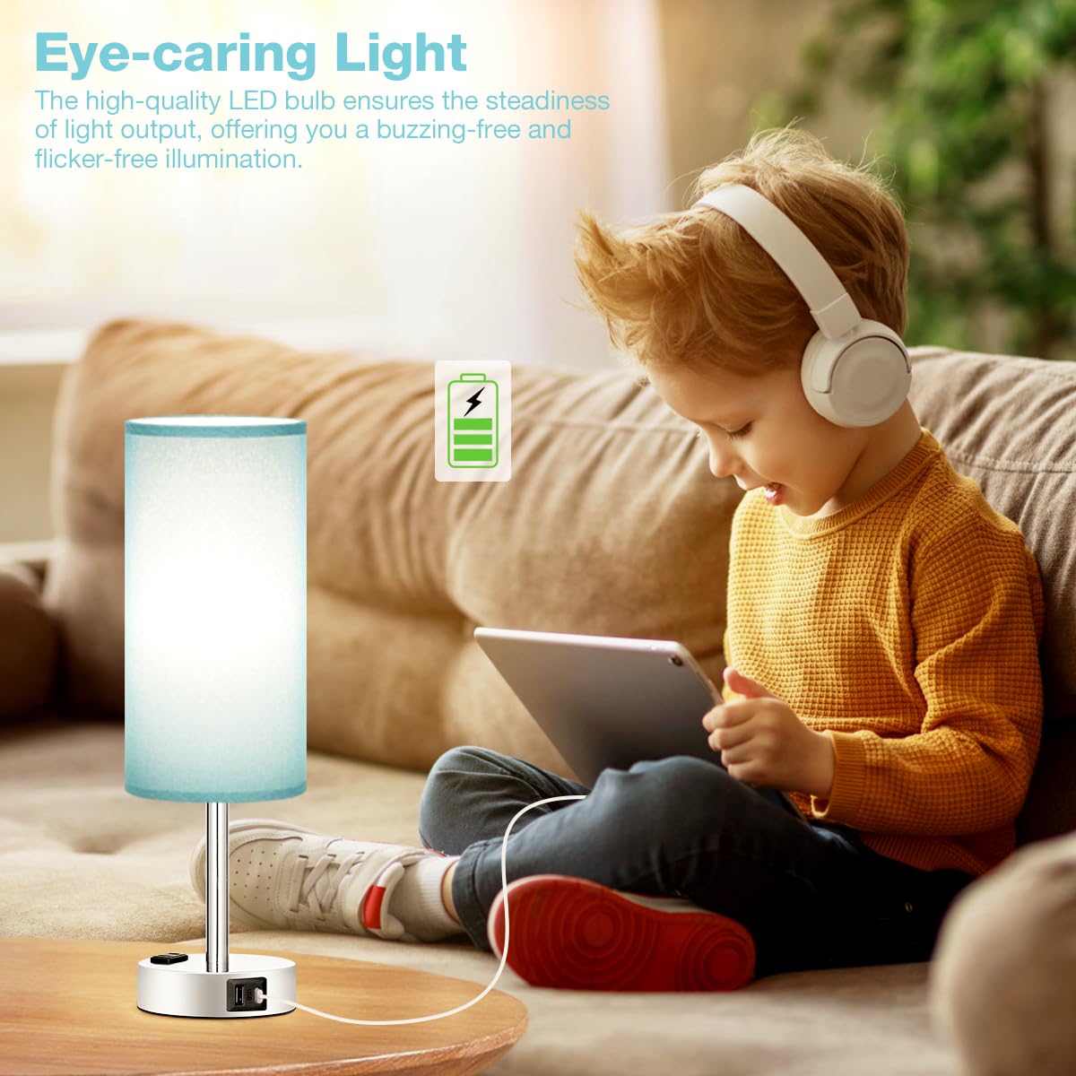 Touch-Control Bedside Table Lamp with USB & USB-C Charging (14”)