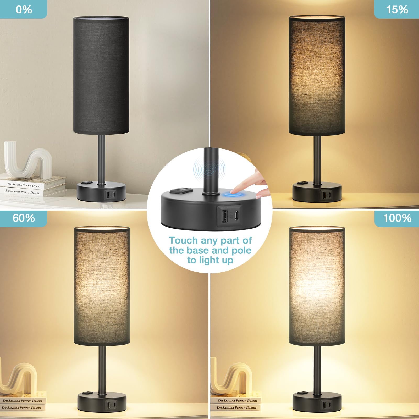 Touch-Control Bedside Table Lamp with USB & USB-C Charging (14”)