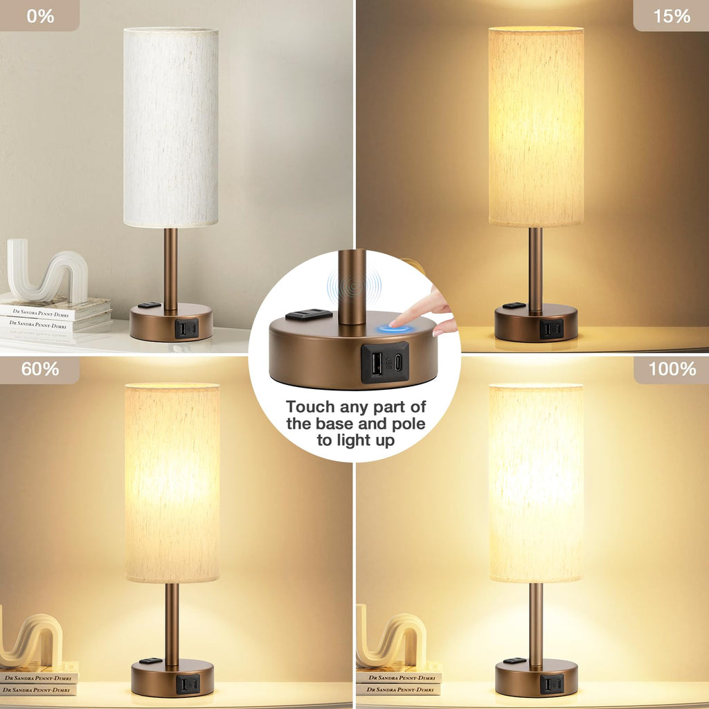 Touch-Control Bedside Table Lamp with USB & USB-C Charging (14”)