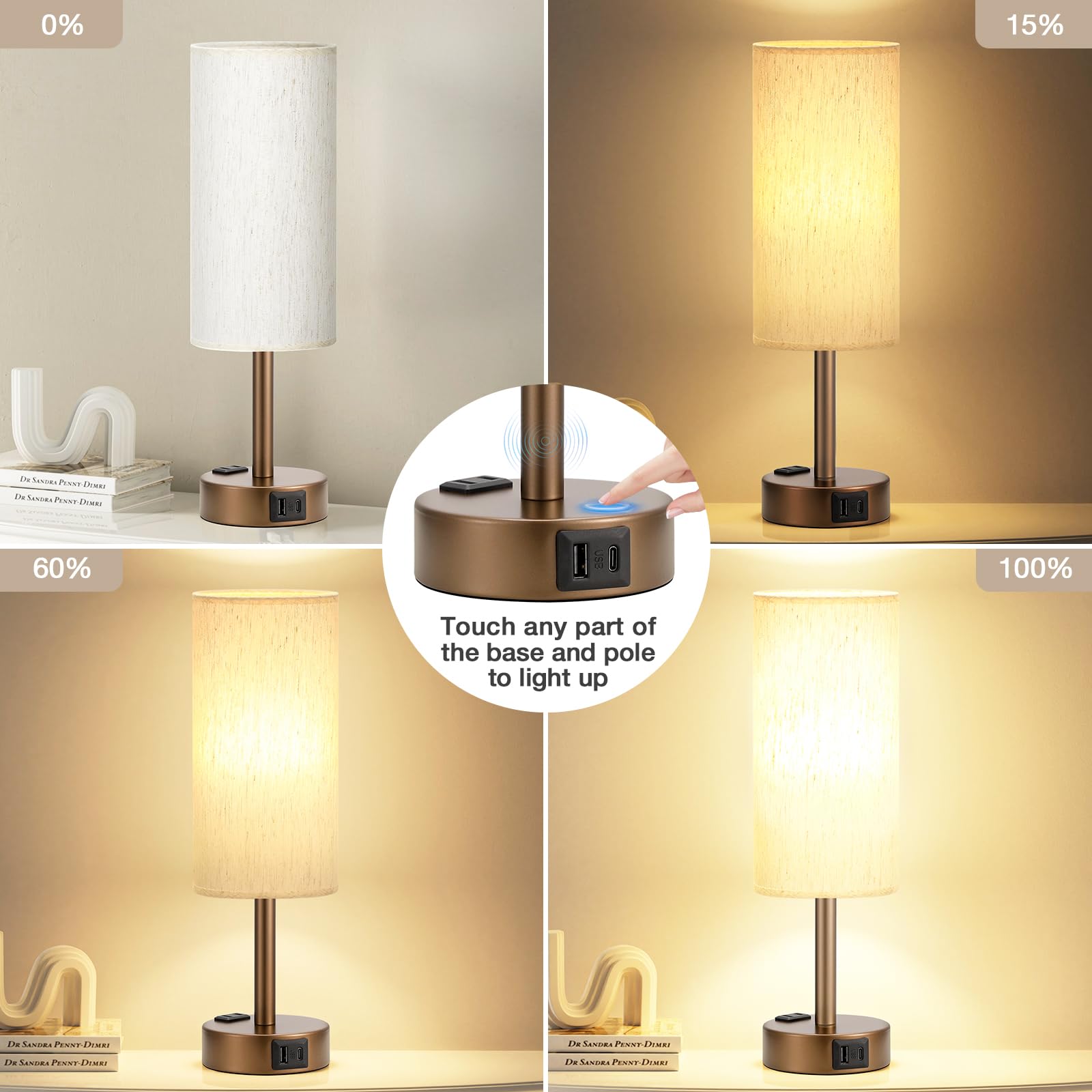 Touch-Control Bedside Table Lamp with USB & USB-C Charging (14”)