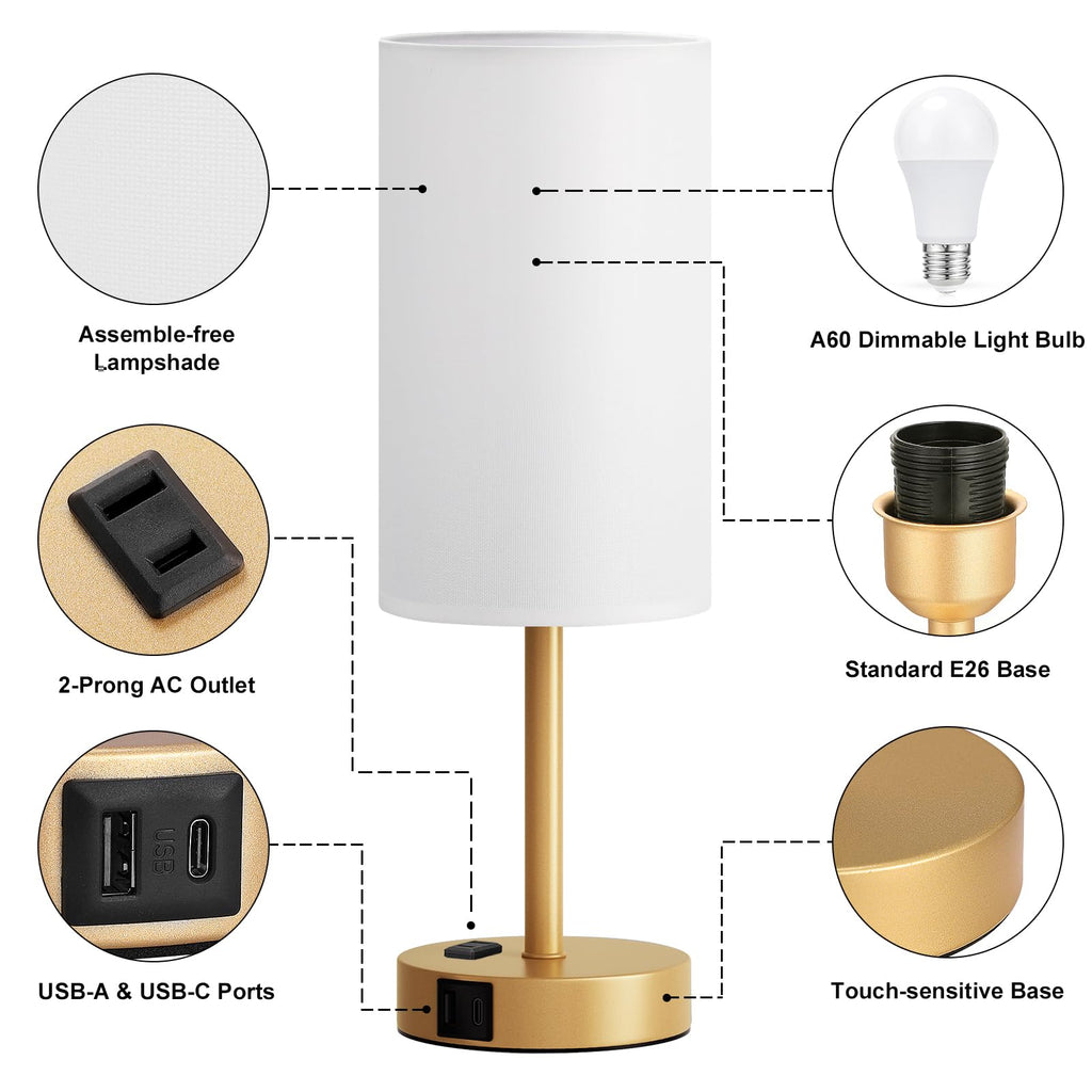 Touch-Control Bedside Table Lamp with USB & USB-C Charging (14”)
