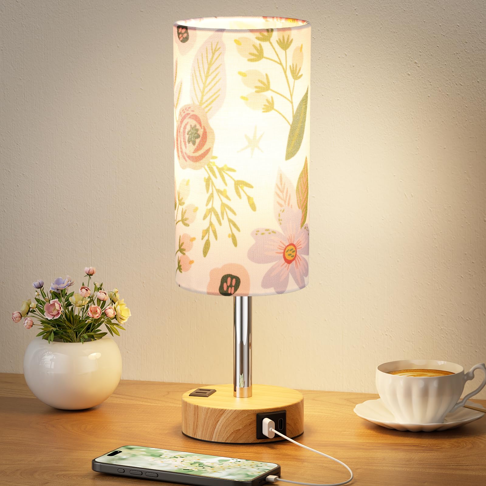 Touch-Control Bedside Table Lamp with USB & USB-C Charging (14”)