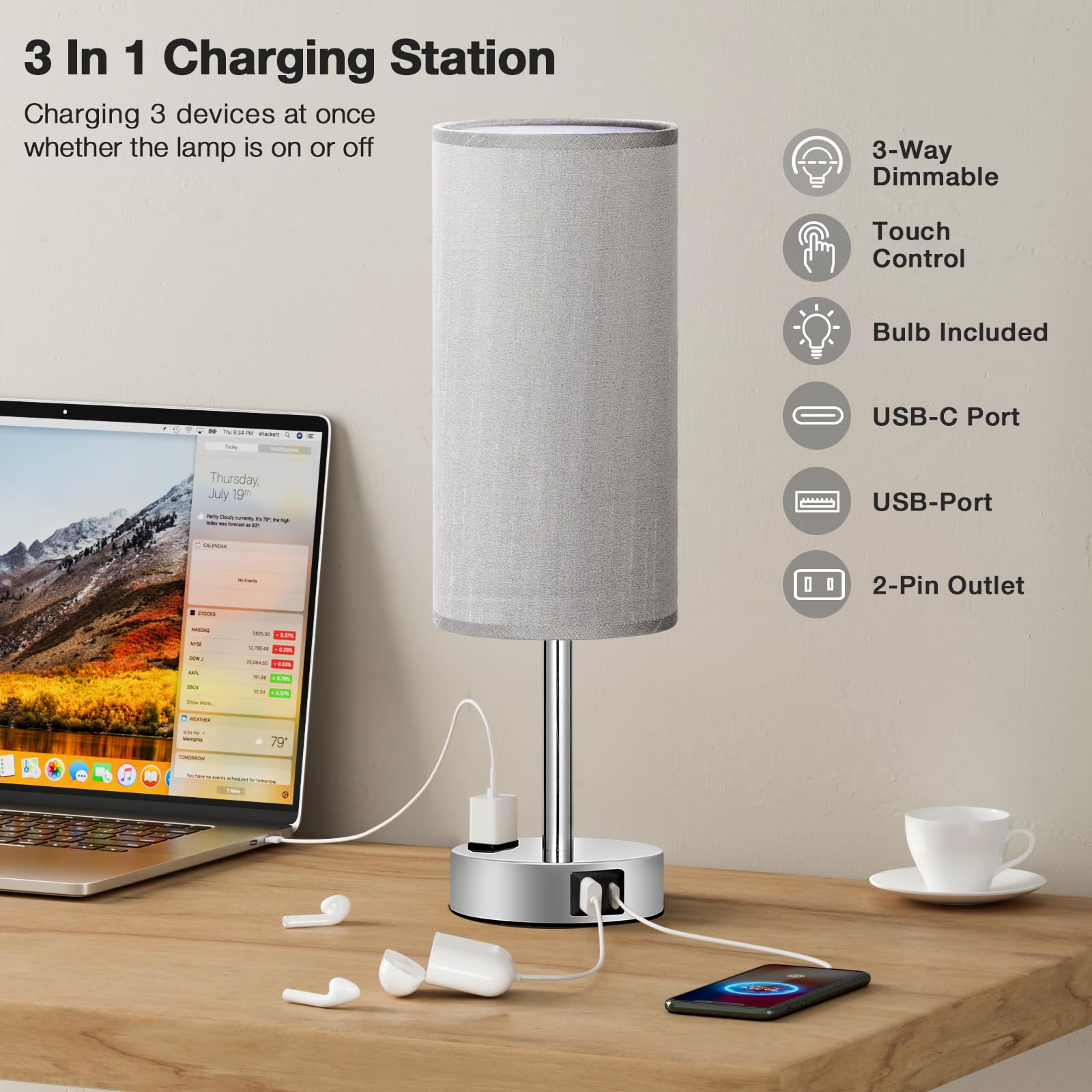 Touch-Control Bedside Table Lamp with USB & USB-C Charging (14”)