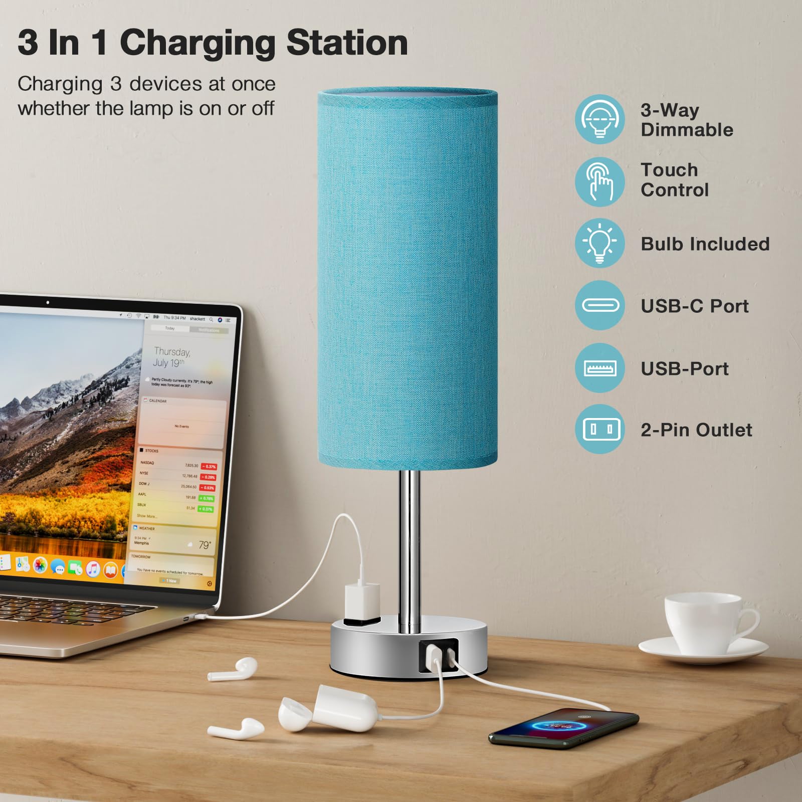 Touch-Control Bedside Table Lamp with USB & USB-C Charging (14”)