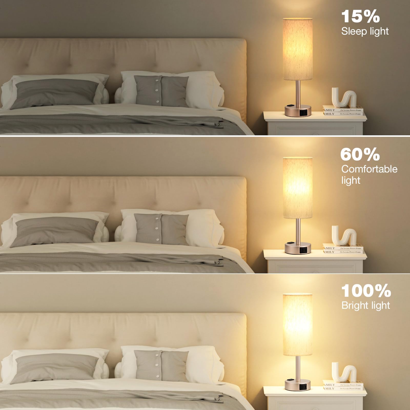 Touch-Control Bedside Table Lamp with USB & USB-C Charging (14”)