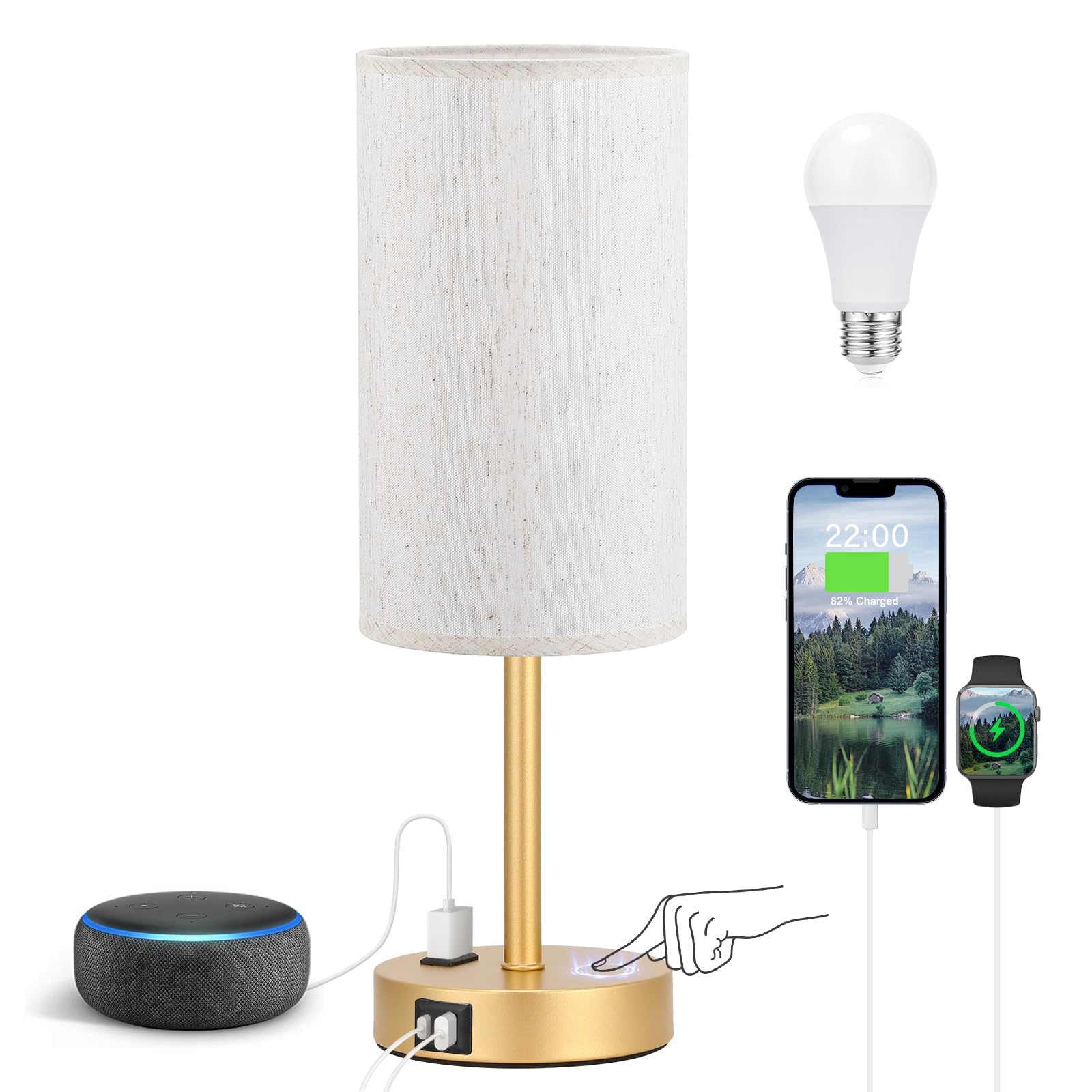Touch-Control Bedside Table Lamp with USB & USB-C Charging (14”)