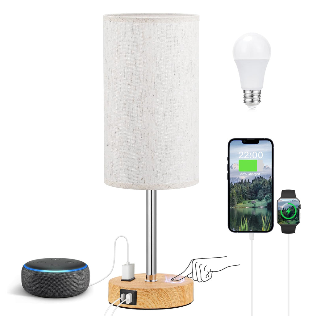 Touch-Control Bedside Table Lamp with USB & USB-C Charging (14”)