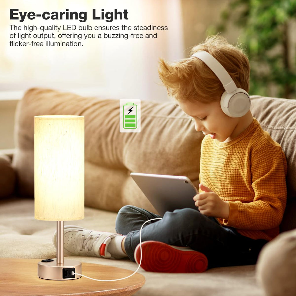 Touch-Control Bedside Table Lamp with USB & USB-C Charging (14”)
