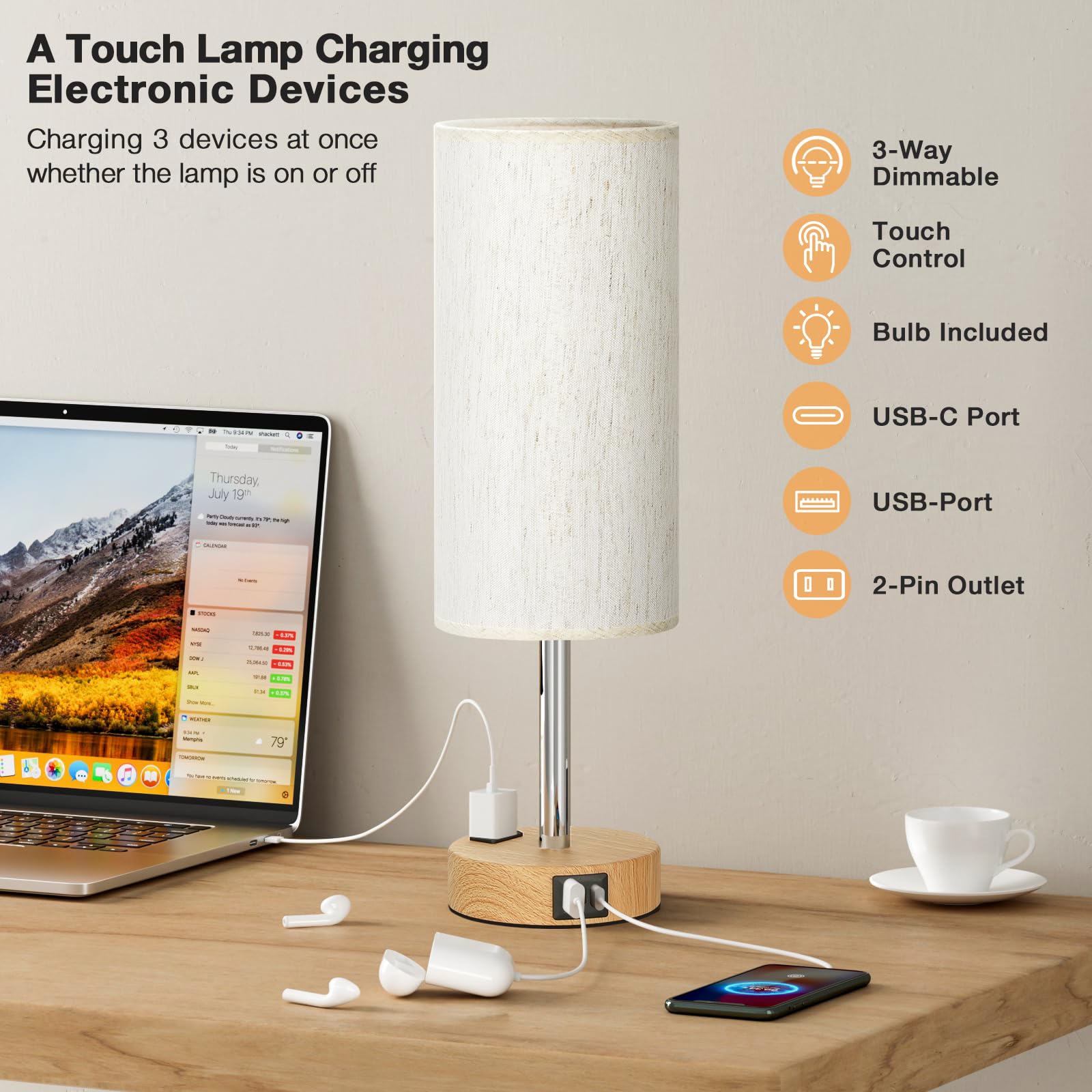 Touch-Control Bedside Table Lamp with USB & USB-C Charging (14”)