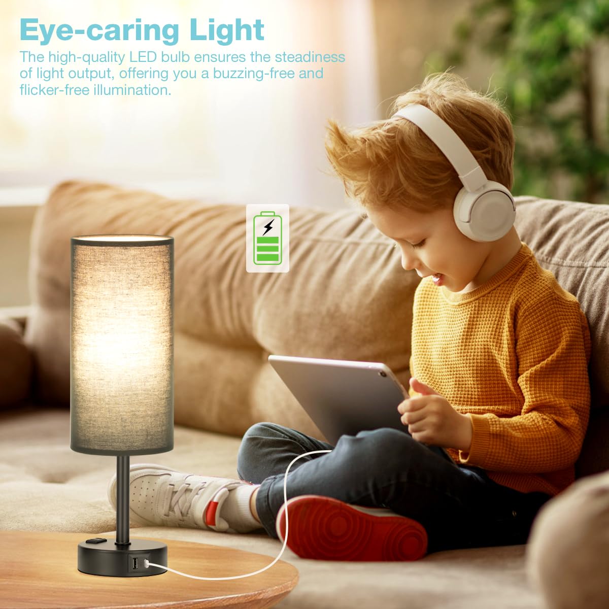 Touch-Control Bedside Table Lamp with USB & USB-C Charging (14”)