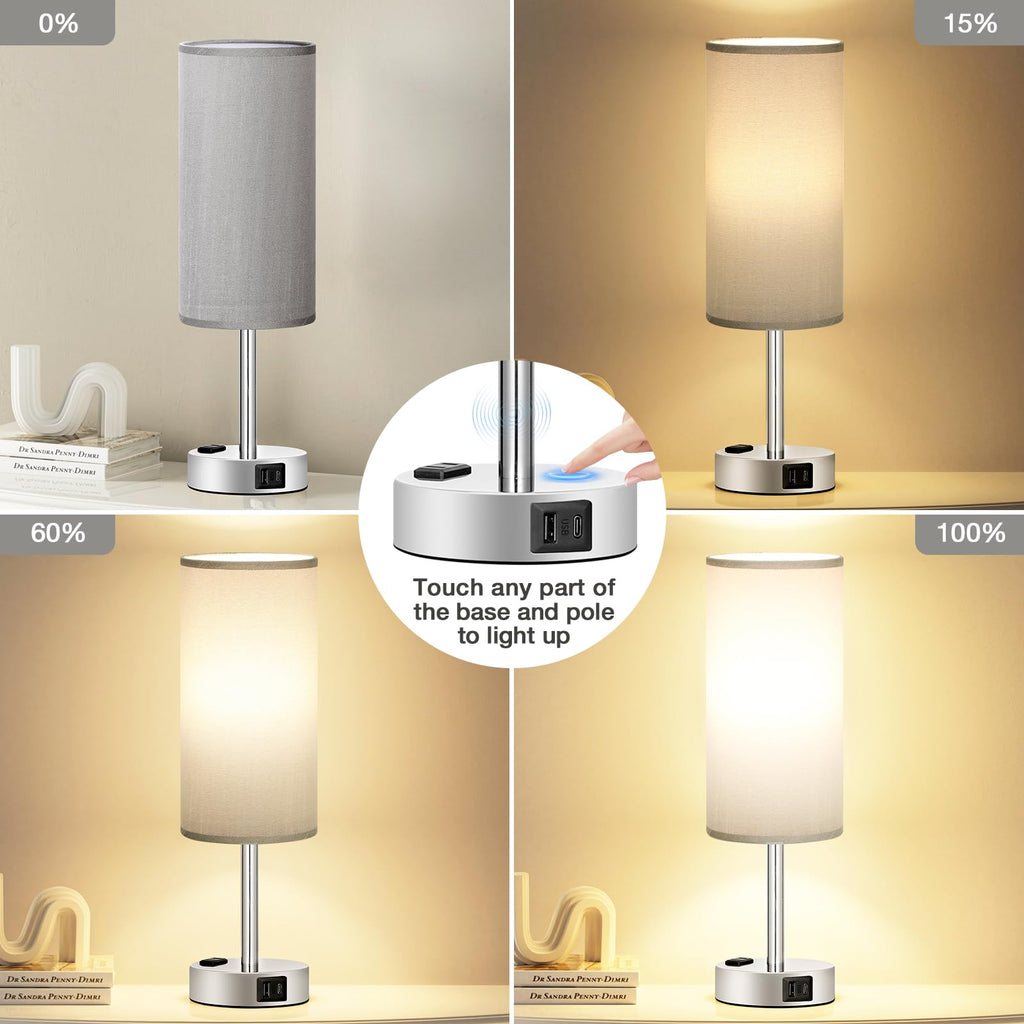 Touch-Control Bedside Table Lamp with USB & USB-C Charging (14”)