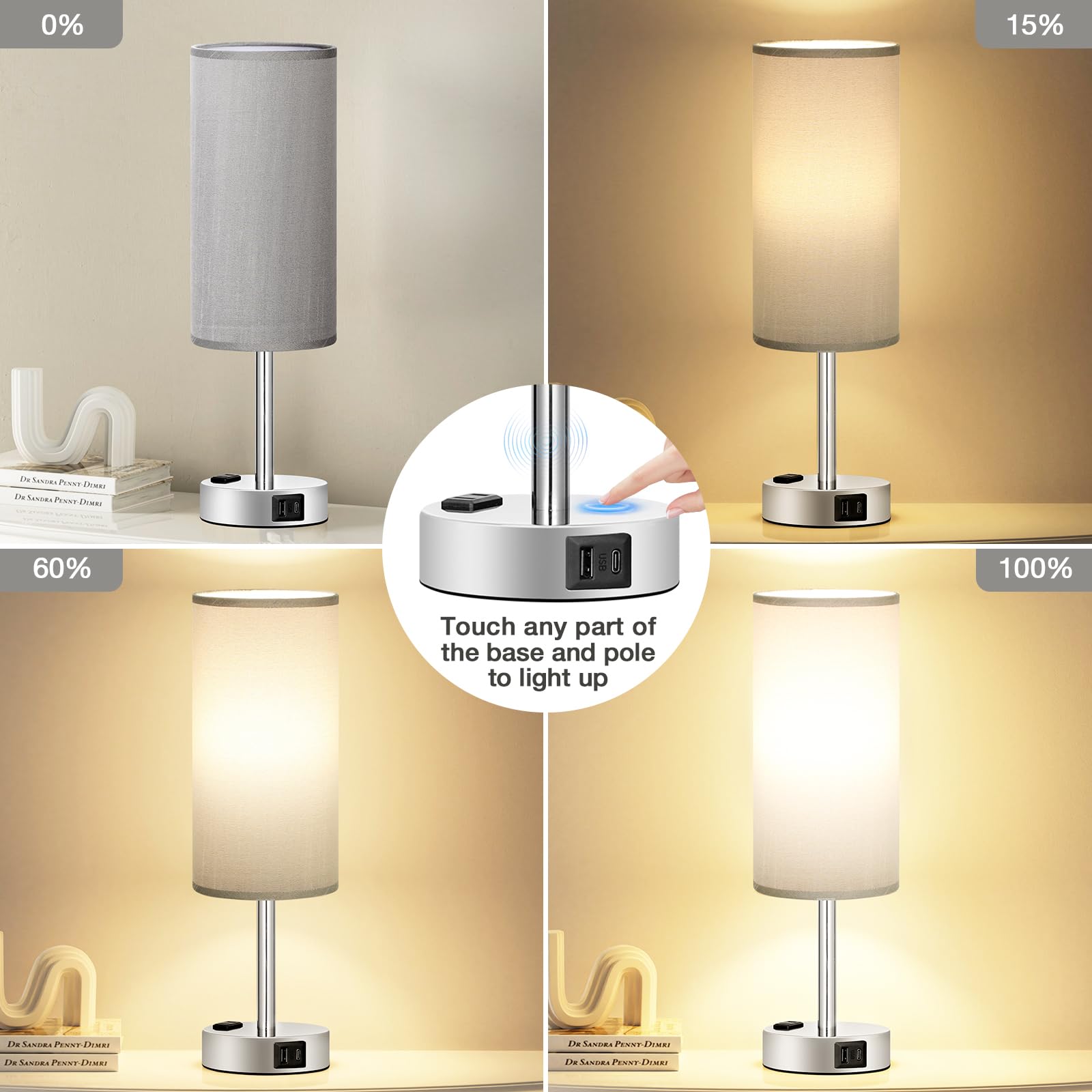 Touch-Control Bedside Table Lamp with USB & USB-C Charging (14”)