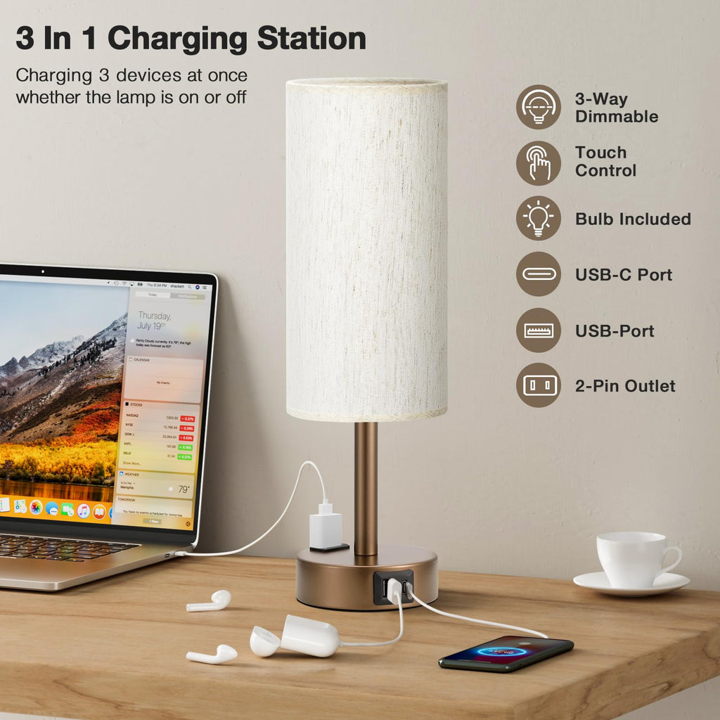 Touch-Control Bedside Table Lamp with USB & USB-C Charging (14”)
