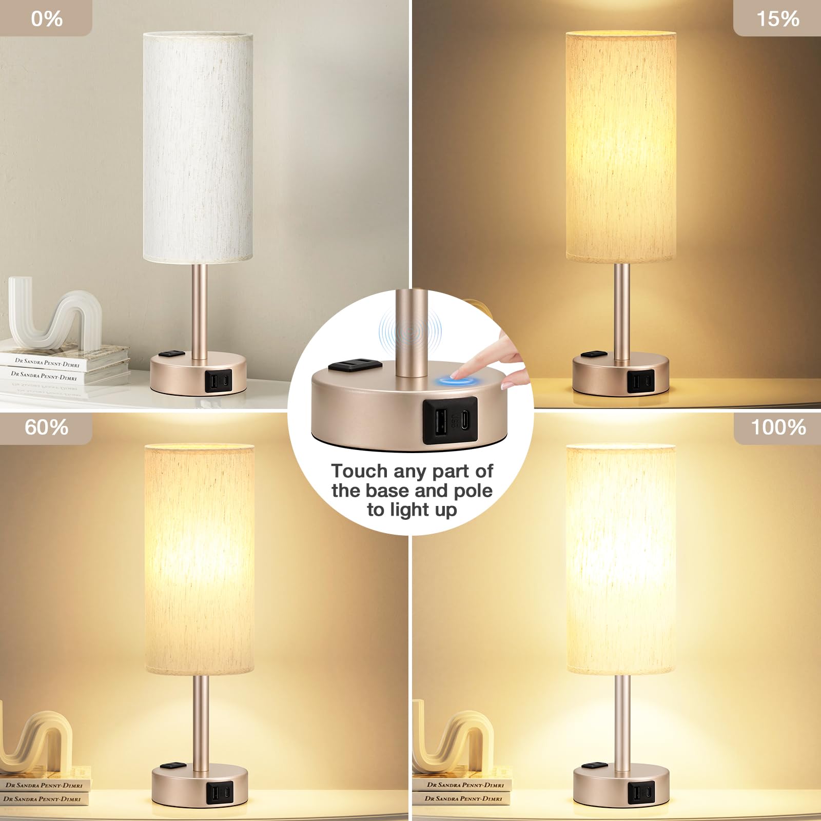 Touch-Control Bedside Table Lamp with USB & USB-C Charging (14”)
