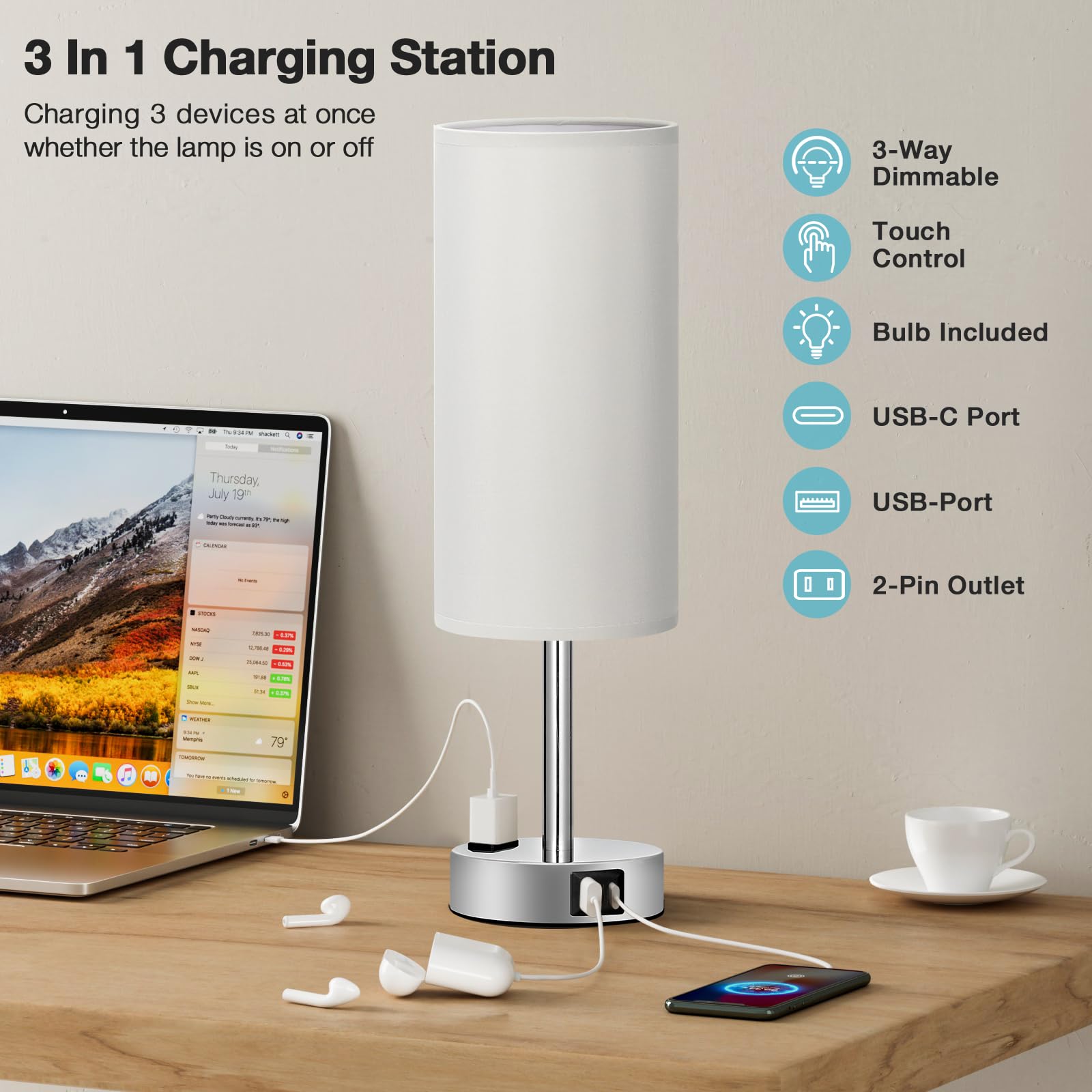 Touch-Control Bedside Table Lamp with USB & USB-C Charging (14”)