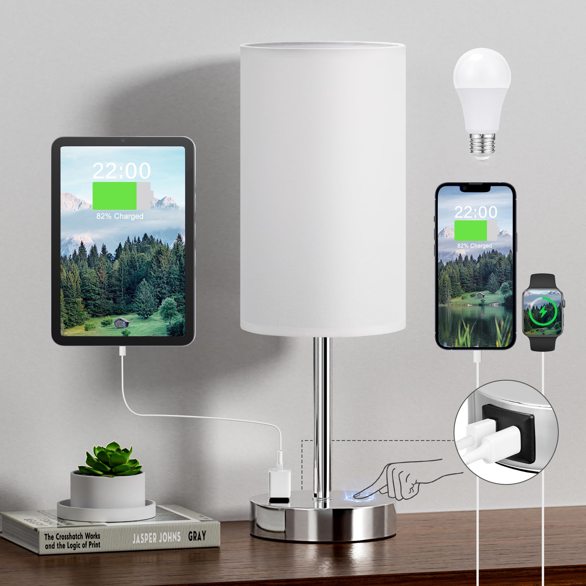 Touch-Control Bedside Table Lamp with USB & USB-C Charging (14”)