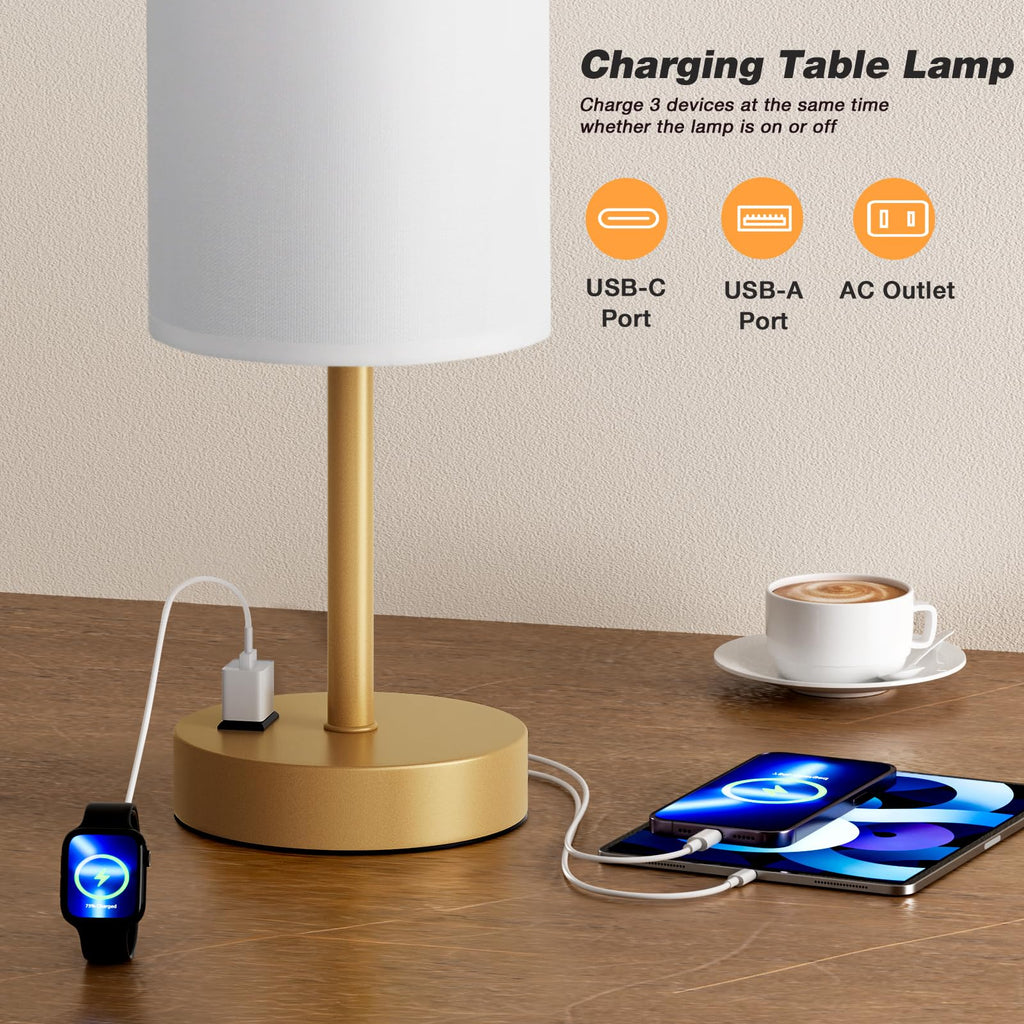 Touch-Control Bedside Table Lamp with USB & USB-C Charging (14”)